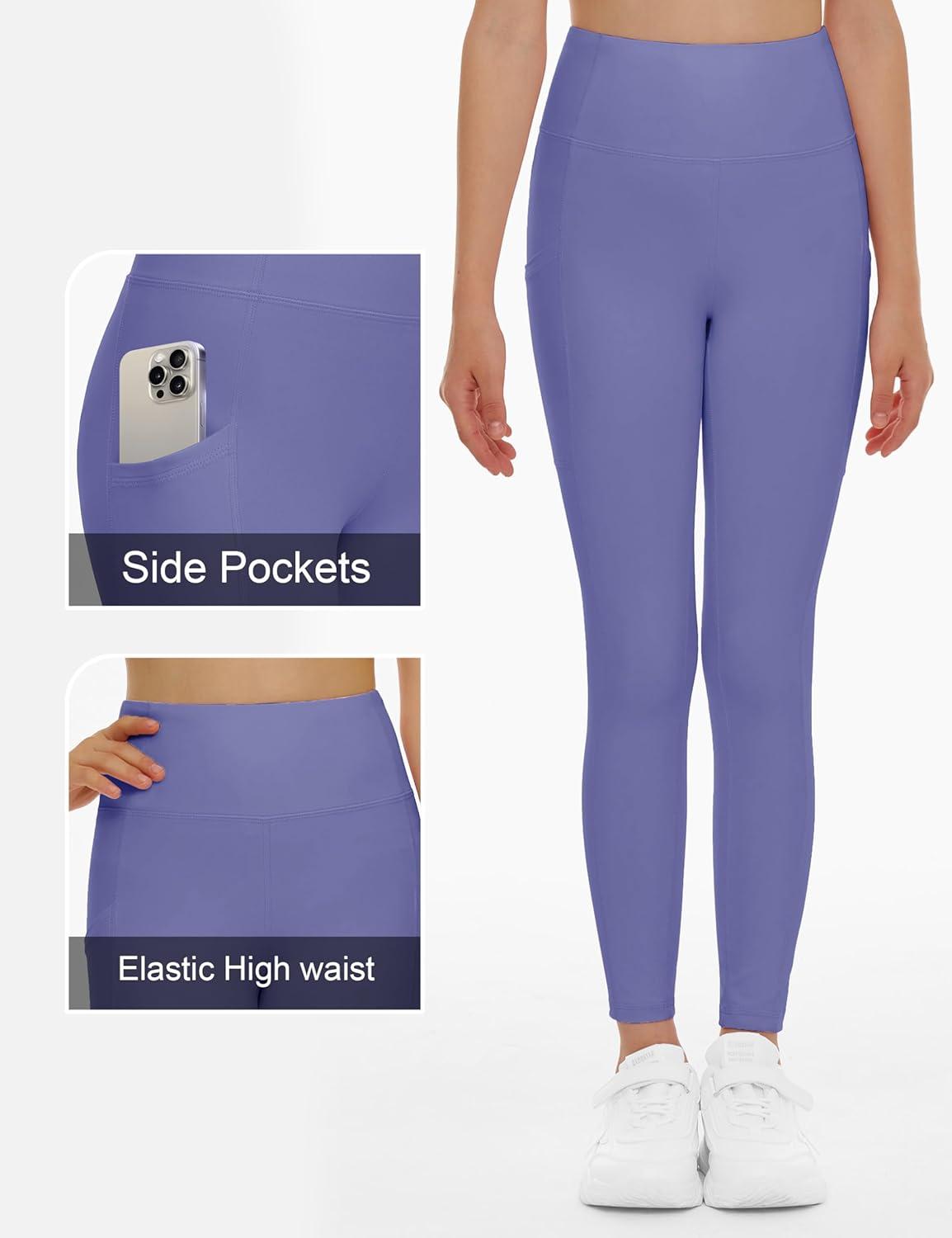imageTHE GYM PEOPLE Girls Workout Leggings Kids High Waist Stretch Athletic Dance Yoga Pants with PocketsBright Purple