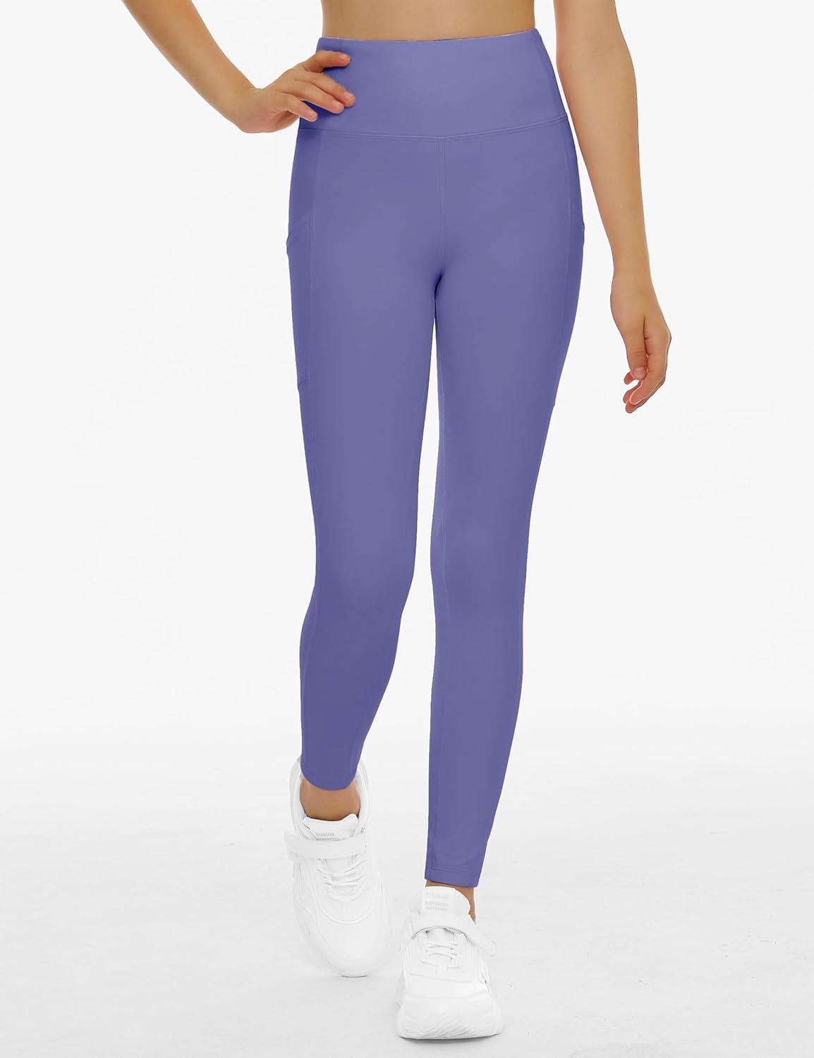imageTHE GYM PEOPLE Girls Workout Leggings Kids High Waist Stretch Athletic Dance Yoga Pants with PocketsBright Purple