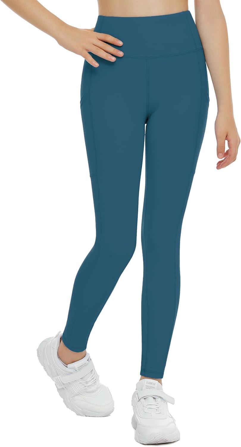 imageTHE GYM PEOPLE Girls Workout Leggings Kids High Waist Stretch Athletic Dance Yoga Pants with PocketsDark Blue Green