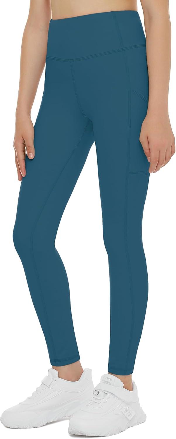 imageTHE GYM PEOPLE Girls Workout Leggings Kids High Waist Stretch Athletic Dance Yoga Pants with PocketsDark Blue Green