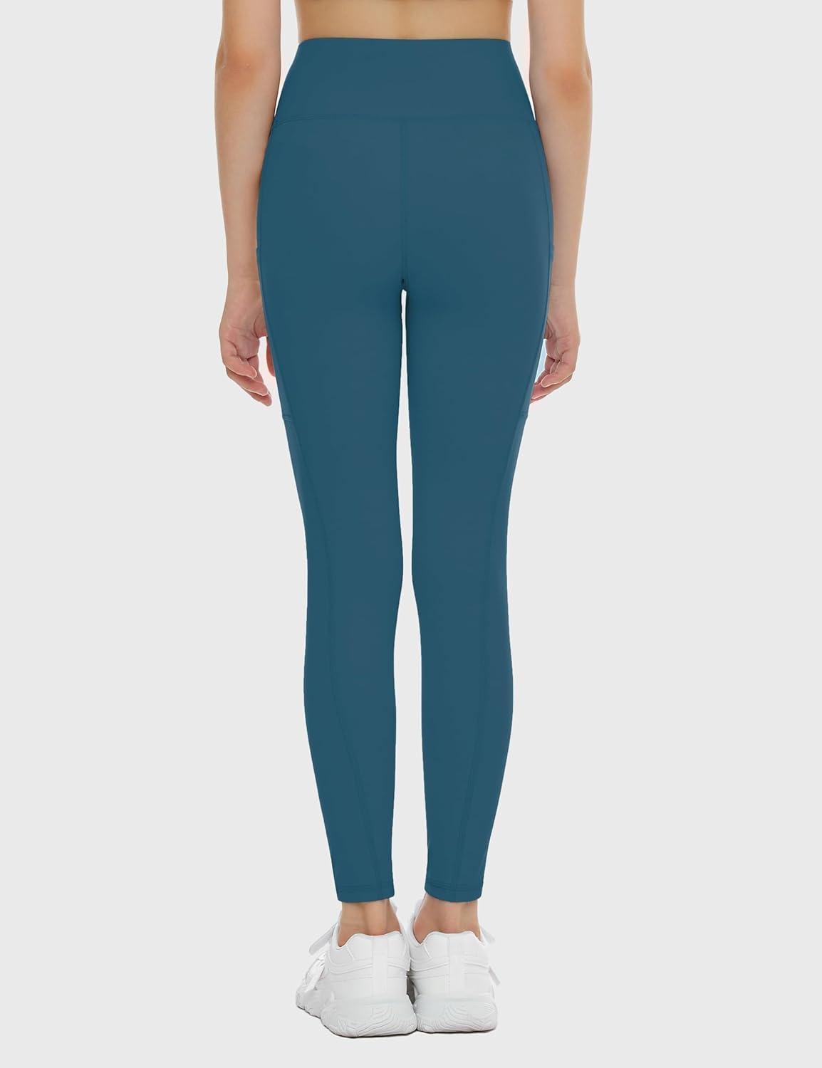 imageTHE GYM PEOPLE Girls Workout Leggings Kids High Waist Stretch Athletic Dance Yoga Pants with PocketsDark Blue Green