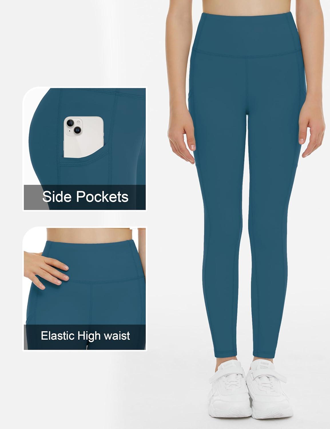 imageTHE GYM PEOPLE Girls Workout Leggings Kids High Waist Stretch Athletic Dance Yoga Pants with PocketsDark Blue Green