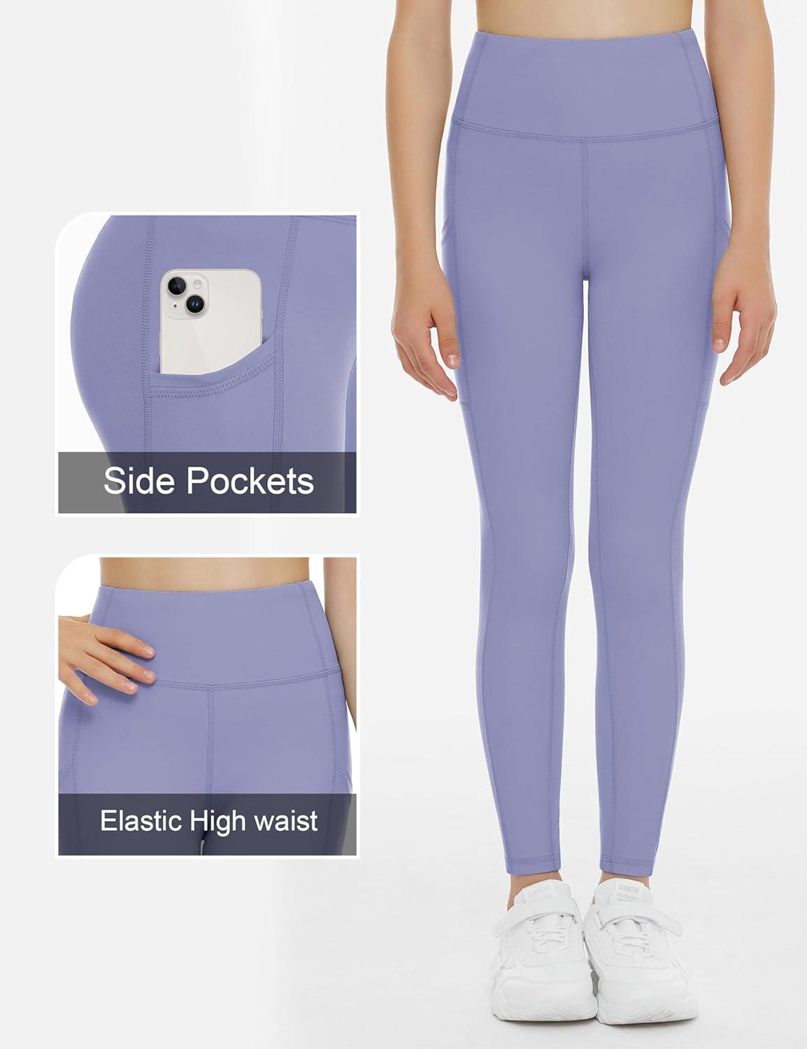 imageTHE GYM PEOPLE Girls Workout Leggings Kids High Waist Stretch Athletic Dance Yoga Pants with PocketsLavender Purple