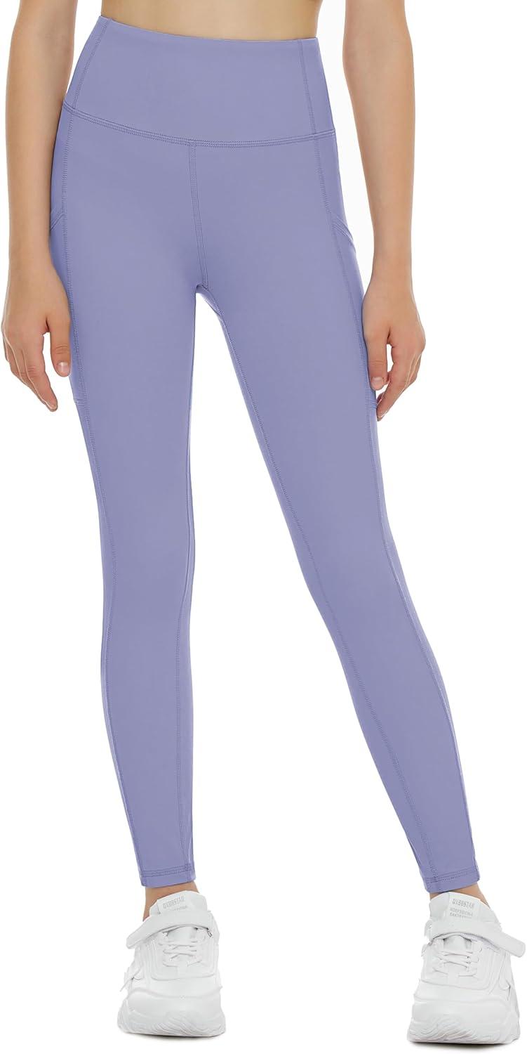imageTHE GYM PEOPLE Girls Workout Leggings Kids High Waist Stretch Athletic Dance Yoga Pants with PocketsLavender Purple