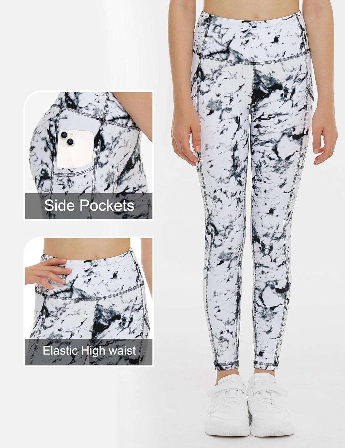 imageTHE GYM PEOPLE Girls Workout Leggings Kids High Waist Stretch Athletic Dance Yoga Pants with PocketsMarble