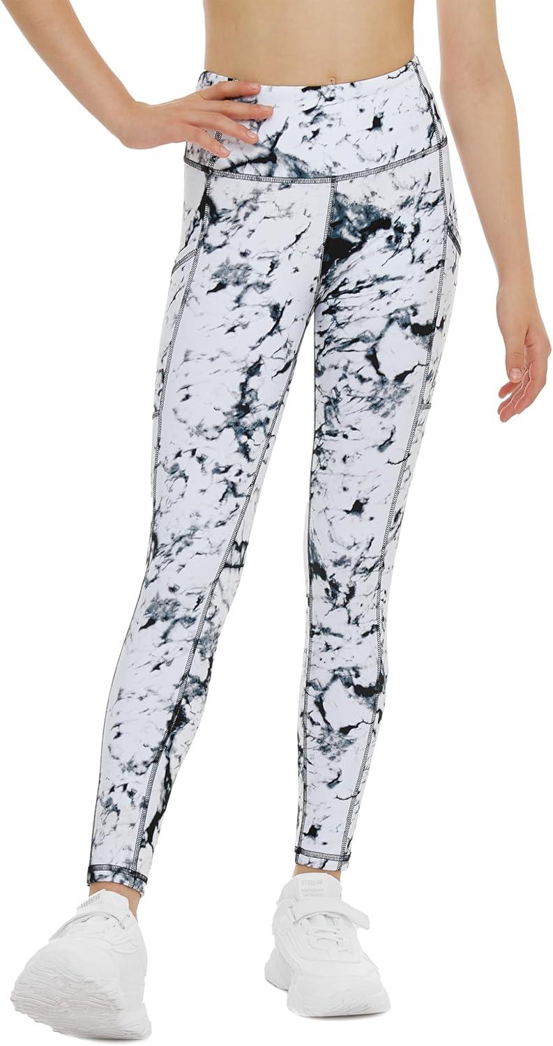 imageTHE GYM PEOPLE Girls Workout Leggings Kids High Waist Stretch Athletic Dance Yoga Pants with PocketsMarble