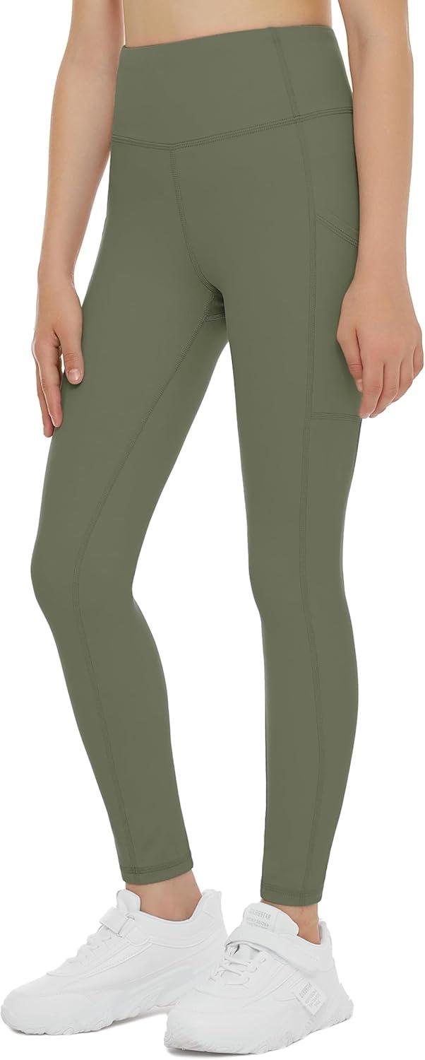 imageTHE GYM PEOPLE Girls Workout Leggings Kids High Waist Stretch Athletic Dance Yoga Pants with PocketsOlive Green