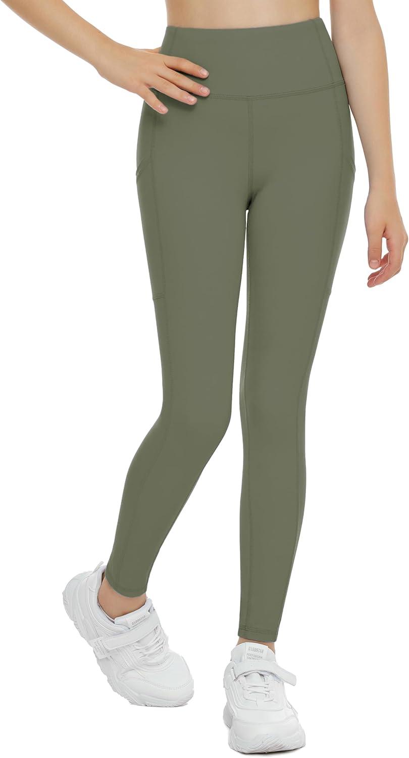 imageTHE GYM PEOPLE Girls Workout Leggings Kids High Waist Stretch Athletic Dance Yoga Pants with PocketsOlive Green