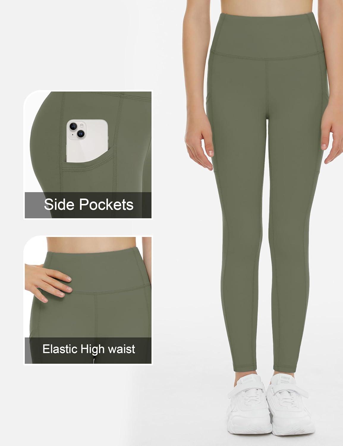 imageTHE GYM PEOPLE Girls Workout Leggings Kids High Waist Stretch Athletic Dance Yoga Pants with PocketsOlive Green