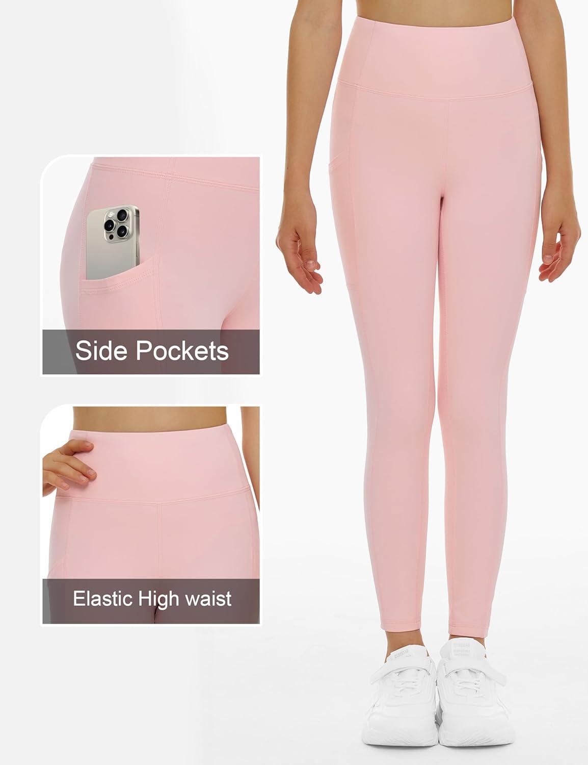 imageTHE GYM PEOPLE Girls Workout Leggings Kids High Waist Stretch Athletic Dance Yoga Pants with PocketsPink