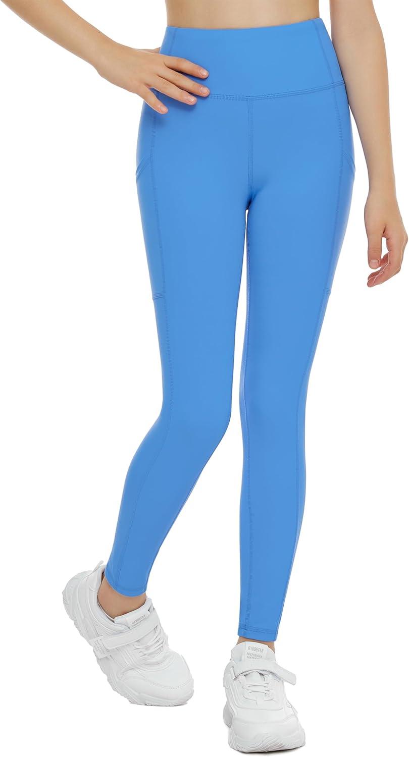 imageTHE GYM PEOPLE Girls Workout Leggings Kids High Waist Stretch Athletic Dance Yoga Pants with PocketsSea Blue