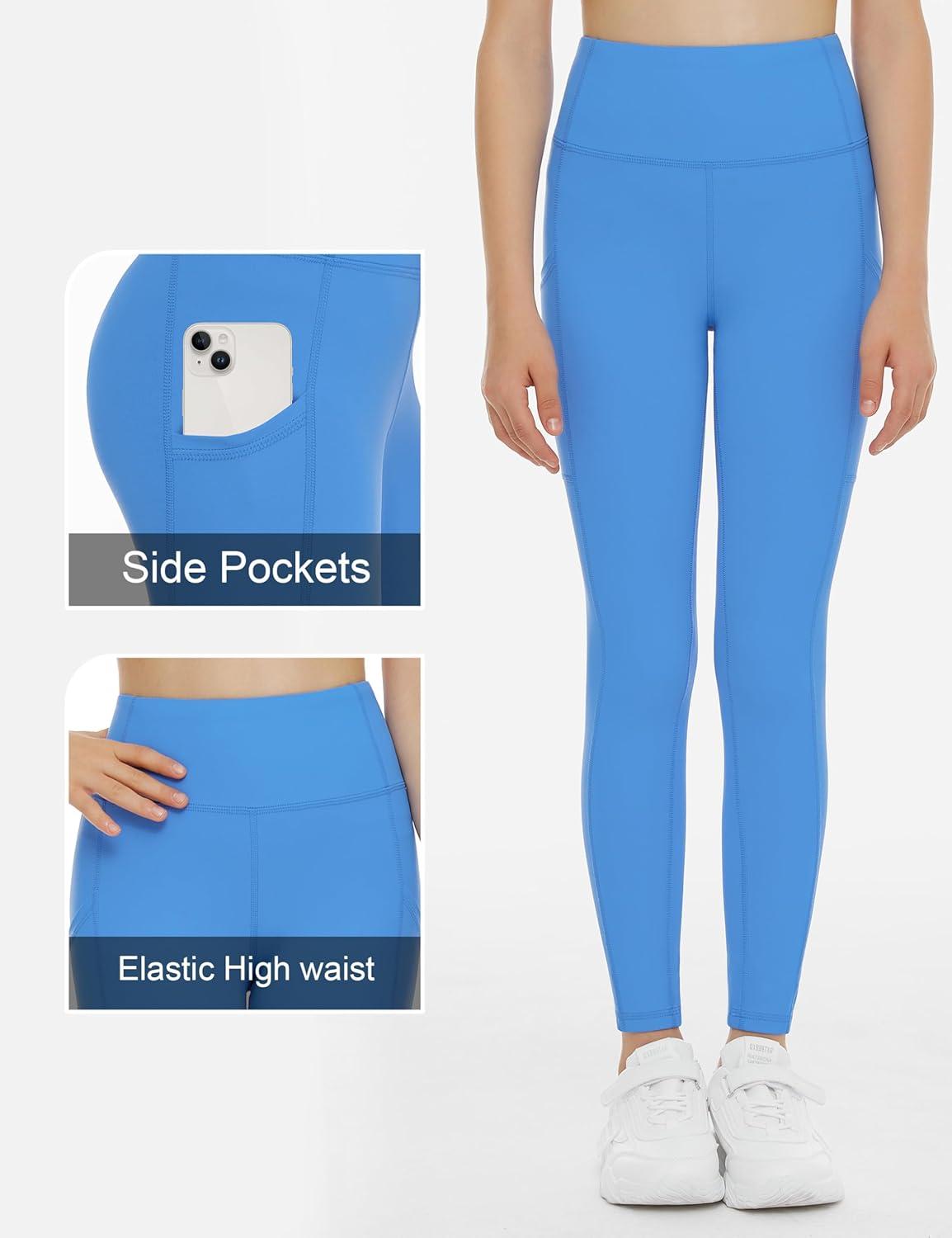 imageTHE GYM PEOPLE Girls Workout Leggings Kids High Waist Stretch Athletic Dance Yoga Pants with PocketsSea Blue