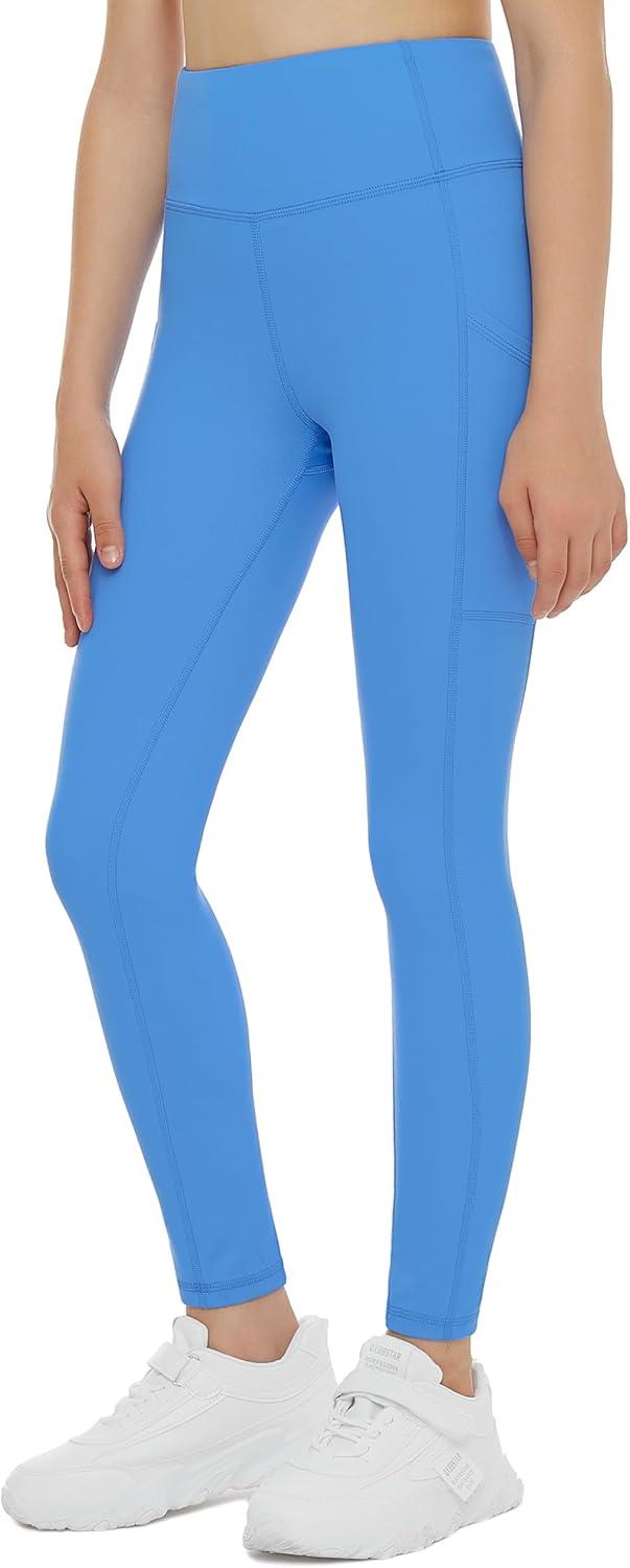 imageTHE GYM PEOPLE Girls Workout Leggings Kids High Waist Stretch Athletic Dance Yoga Pants with PocketsSea Blue