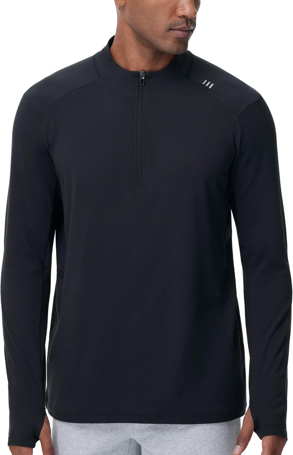 imageTHE GYM PEOPLE Mens HalfZip Long Sleeve Golf Shirts Soft Lightweight Warm Workout Pullover Sweatshirts with Thumb HoleBlack