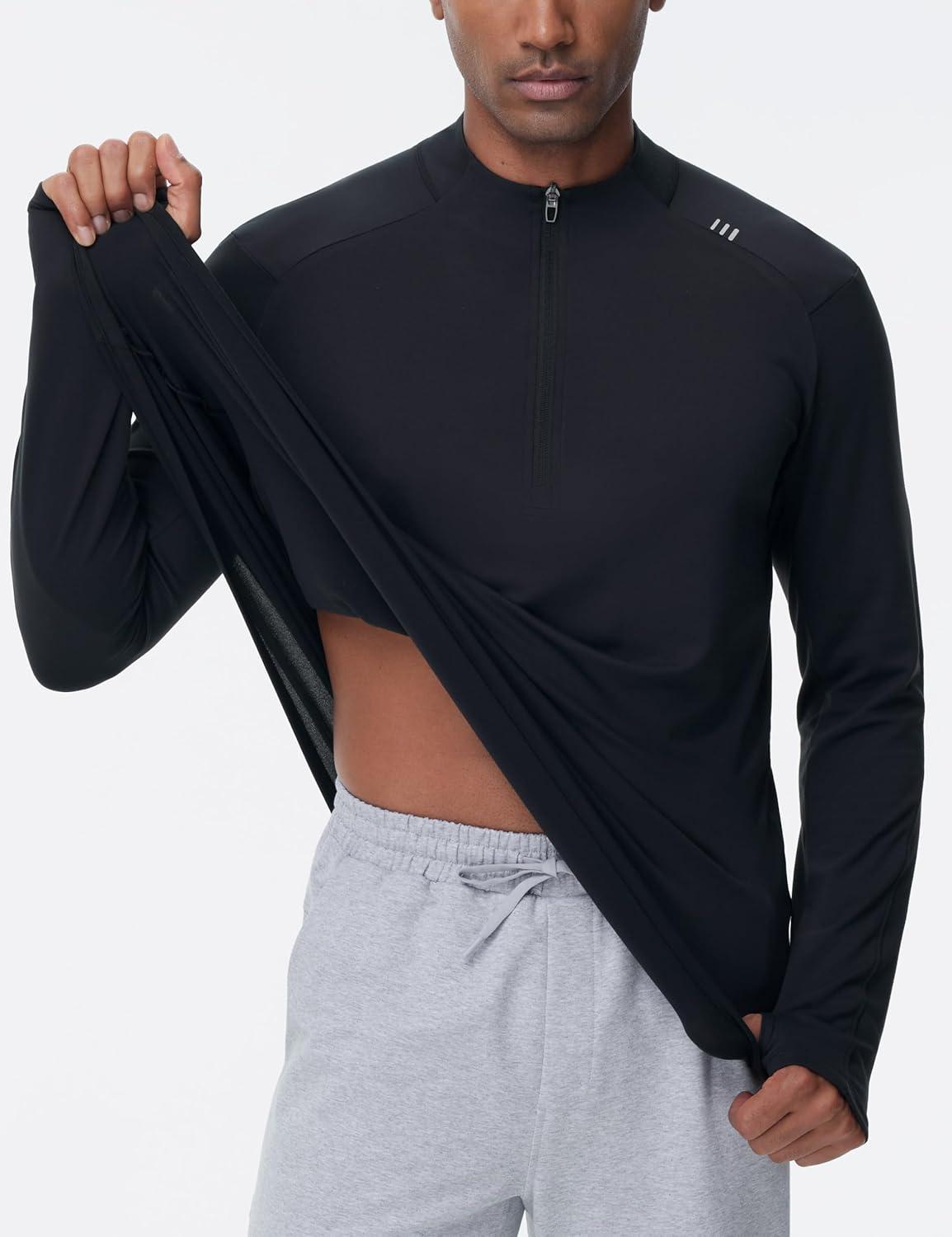 imageTHE GYM PEOPLE Mens HalfZip Long Sleeve Golf Shirts Soft Lightweight Warm Workout Pullover Sweatshirts with Thumb HoleBlack