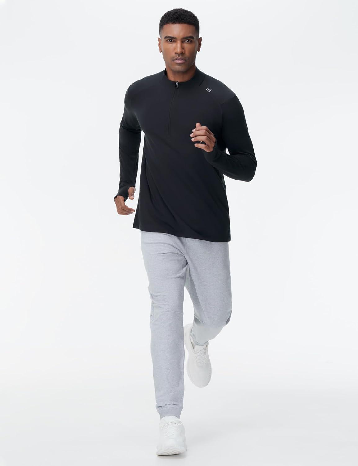imageTHE GYM PEOPLE Mens HalfZip Long Sleeve Golf Shirts Soft Lightweight Warm Workout Pullover Sweatshirts with Thumb HoleBlack