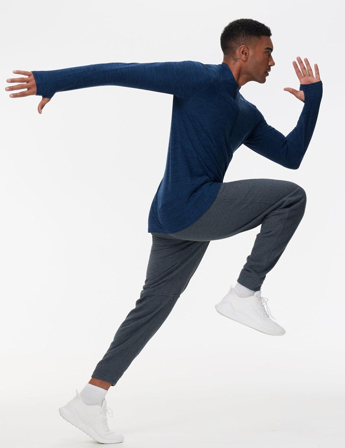 imageTHE GYM PEOPLE Mens HalfZip Long Sleeve Golf Shirts Soft Lightweight Warm Workout Pullover Sweatshirts with Thumb HoleDark Blue Heather