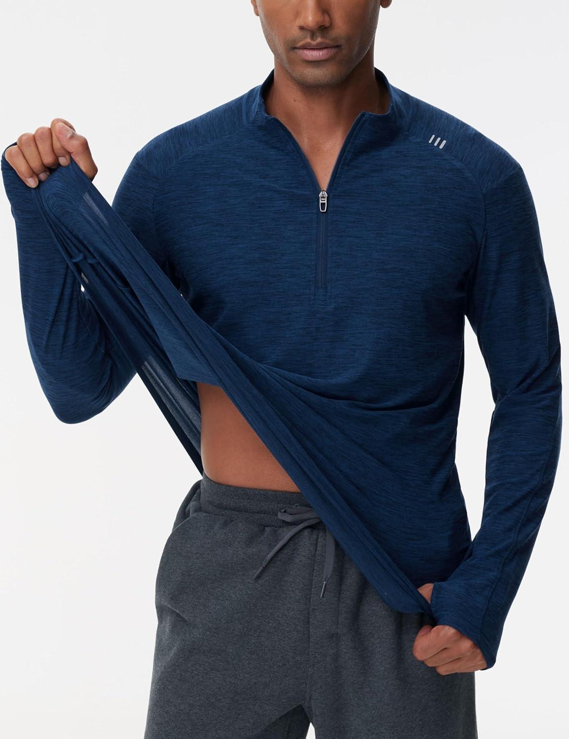 imageTHE GYM PEOPLE Mens HalfZip Long Sleeve Golf Shirts Soft Lightweight Warm Workout Pullover Sweatshirts with Thumb HoleDark Blue Heather