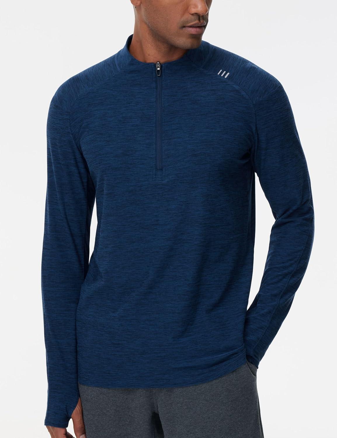 imageTHE GYM PEOPLE Mens HalfZip Long Sleeve Golf Shirts Soft Lightweight Warm Workout Pullover Sweatshirts with Thumb HoleDark Blue Heather