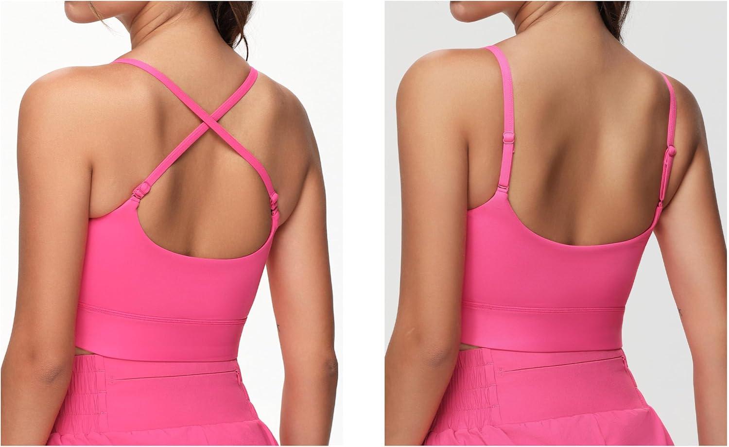 imageTHE GYM PEOPLE Womens Adjustable Longline Sports Bras Scoop Neck Padded Wireless Workout Yoga TopsBright Pink