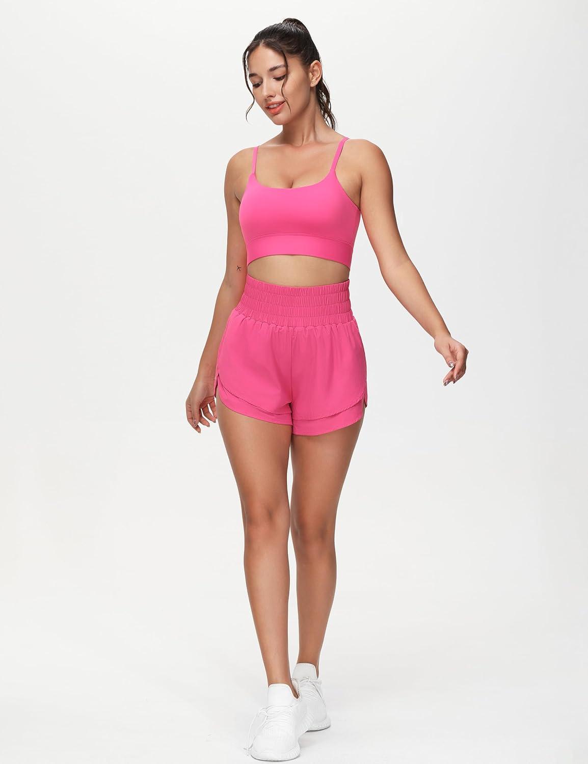 imageTHE GYM PEOPLE Womens Adjustable Longline Sports Bras Scoop Neck Padded Wireless Workout Yoga TopsBright Pink
