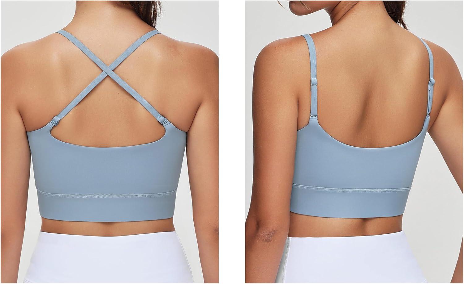 imageTHE GYM PEOPLE Womens Adjustable Longline Sports Bras Scoop Neck Padded Wireless Workout Yoga TopsDenim Blue