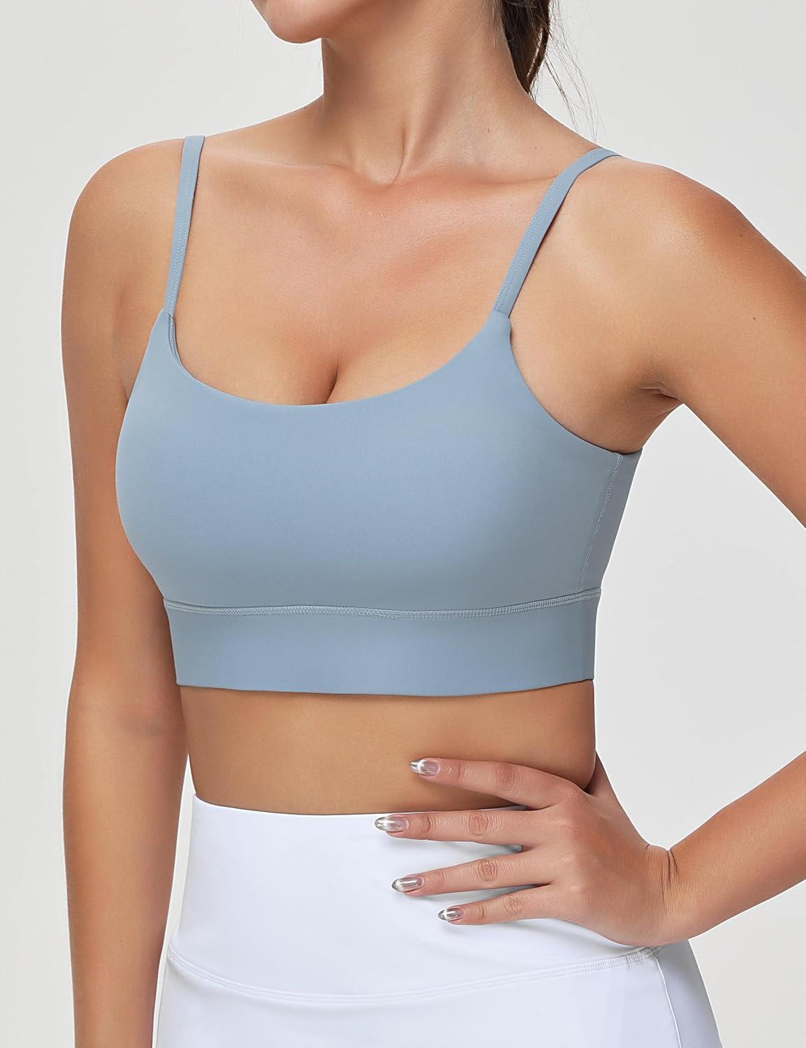 imageTHE GYM PEOPLE Womens Adjustable Longline Sports Bras Scoop Neck Padded Wireless Workout Yoga TopsDenim Blue