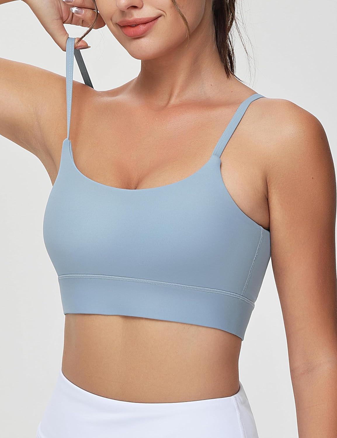 imageTHE GYM PEOPLE Womens Adjustable Longline Sports Bras Scoop Neck Padded Wireless Workout Yoga TopsDenim Blue