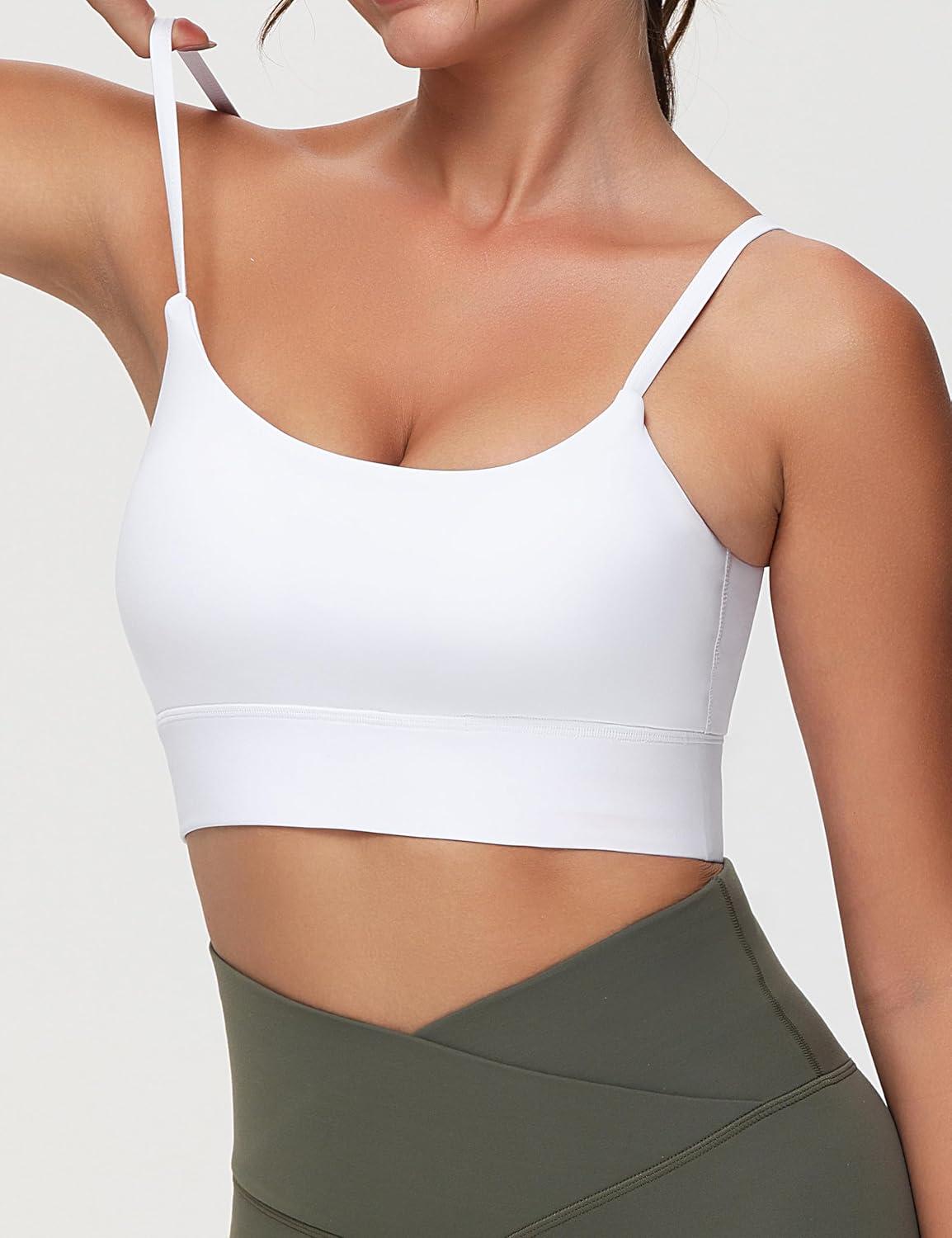imageTHE GYM PEOPLE Womens Adjustable Longline Sports Bras Scoop Neck Padded Wireless Workout Yoga TopsWhite