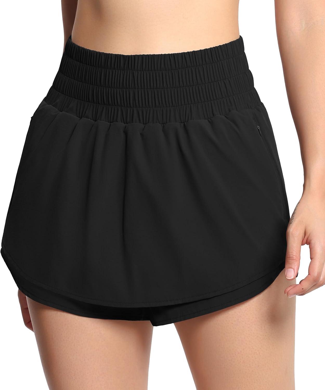 imageTHE GYM PEOPLE Womens Athletic Shorts Elastic Waisted Quick Dry Ruffle Tennis Workout Skorts with Mesh Liner Zip PocketsBlack