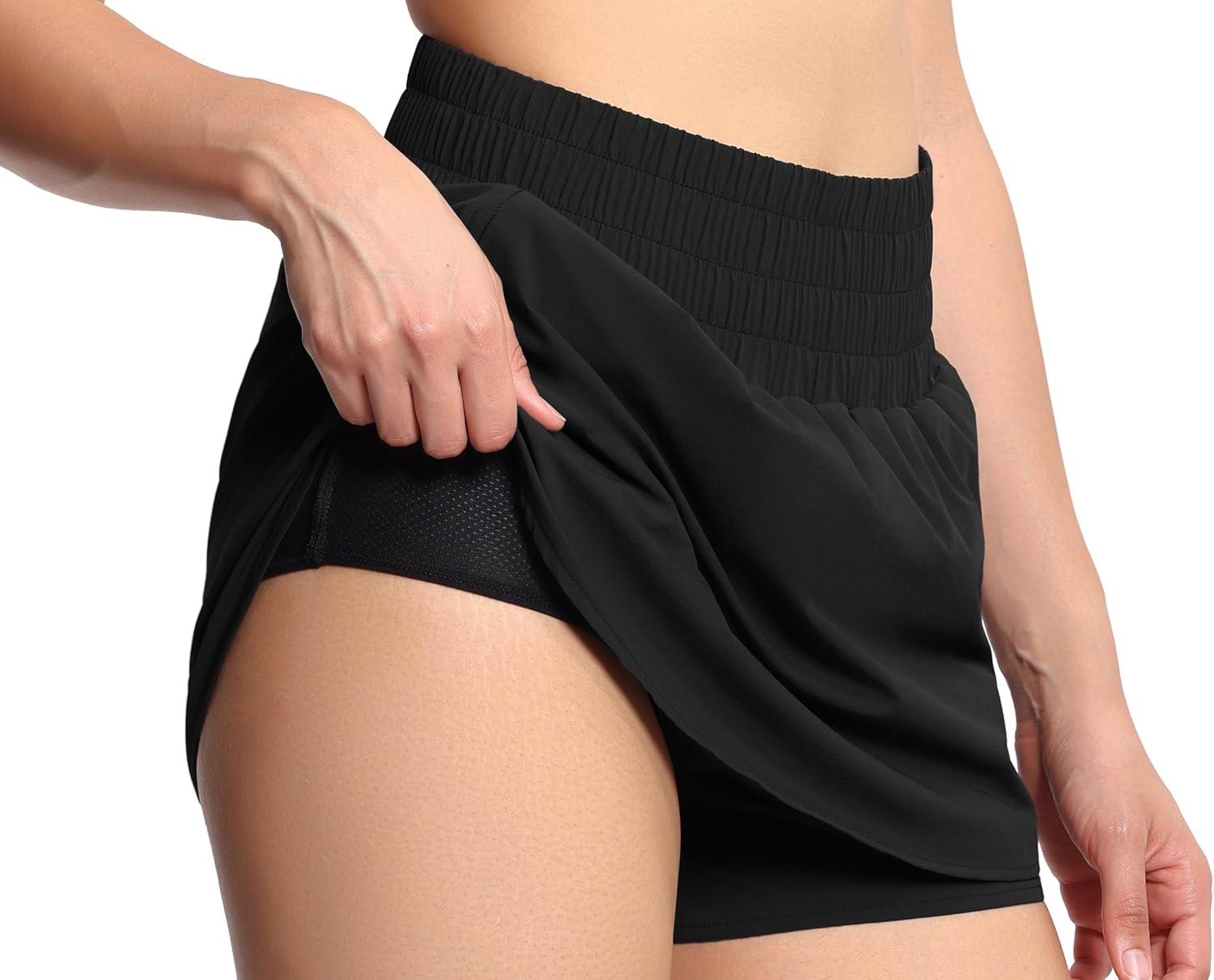 imageTHE GYM PEOPLE Womens Athletic Shorts Elastic Waisted Quick Dry Ruffle Tennis Workout Skorts with Mesh Liner Zip PocketsBlack