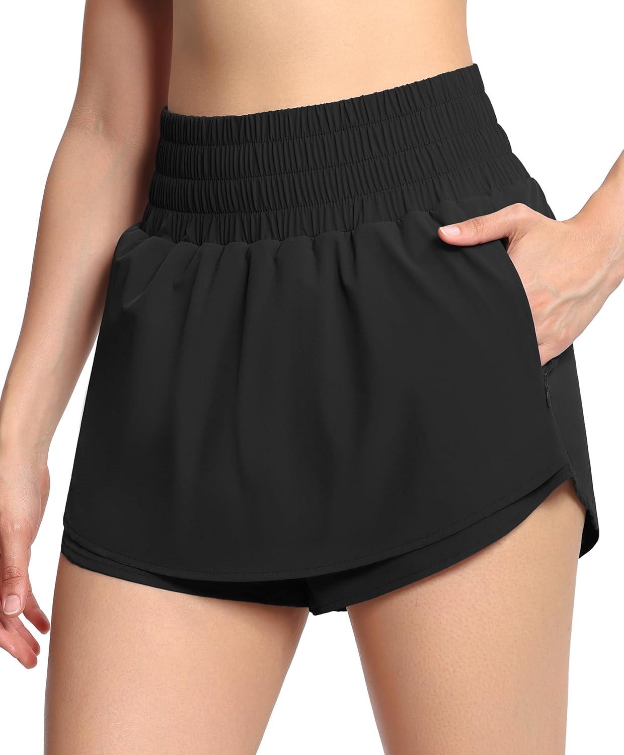 imageTHE GYM PEOPLE Womens Athletic Shorts Elastic Waisted Quick Dry Ruffle Tennis Workout Skorts with Mesh Liner Zip PocketsBlack