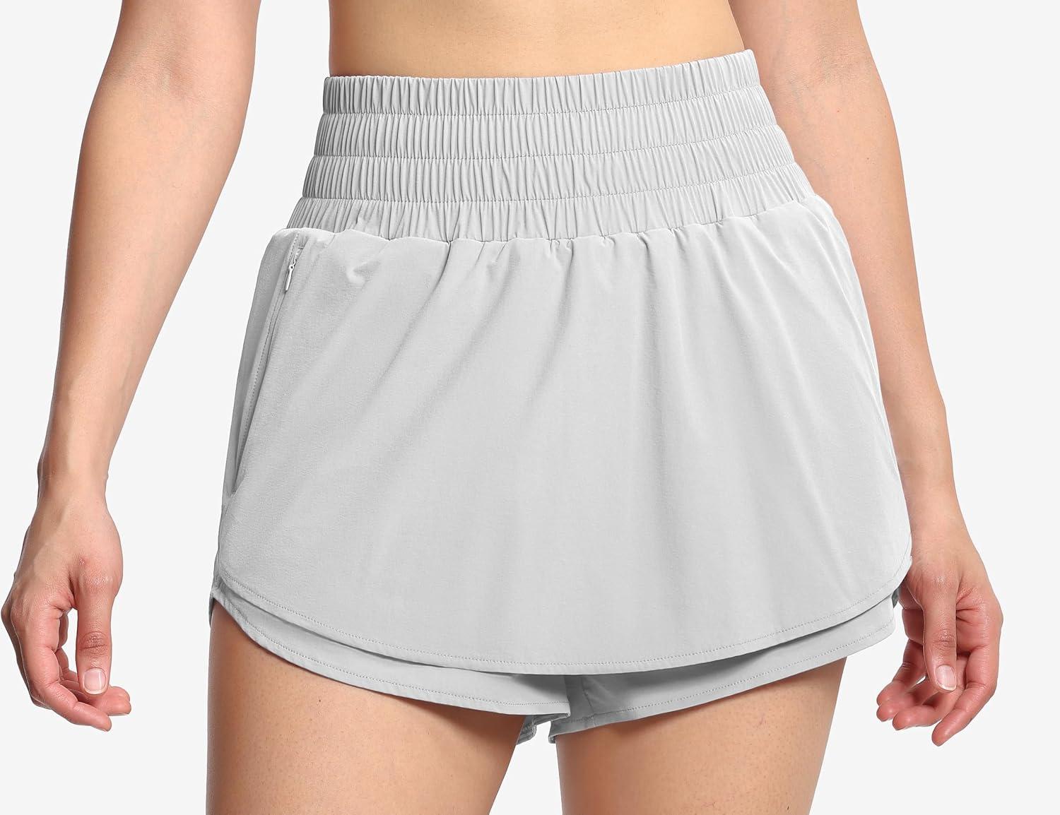 imageTHE GYM PEOPLE Womens Athletic Shorts Elastic Waisted Quick Dry Ruffle Tennis Workout Skorts with Mesh Liner Zip PocketsBright Grey