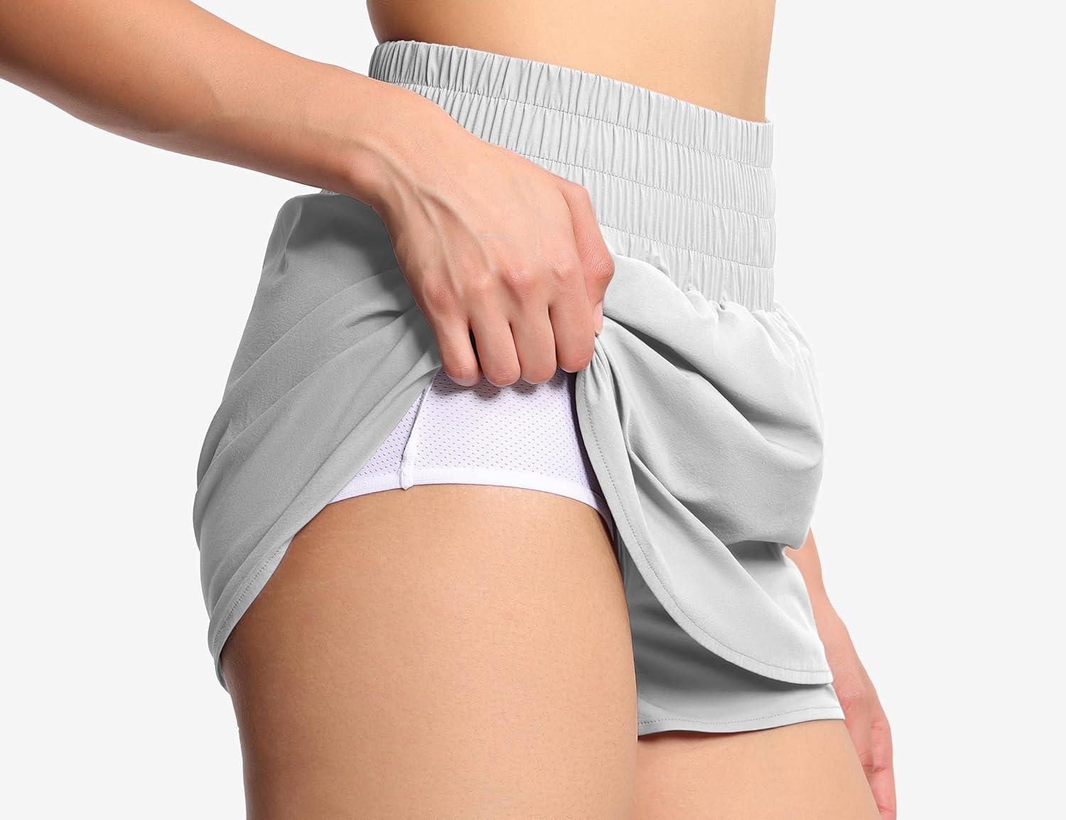 imageTHE GYM PEOPLE Womens Athletic Shorts Elastic Waisted Quick Dry Ruffle Tennis Workout Skorts with Mesh Liner Zip PocketsBright Grey