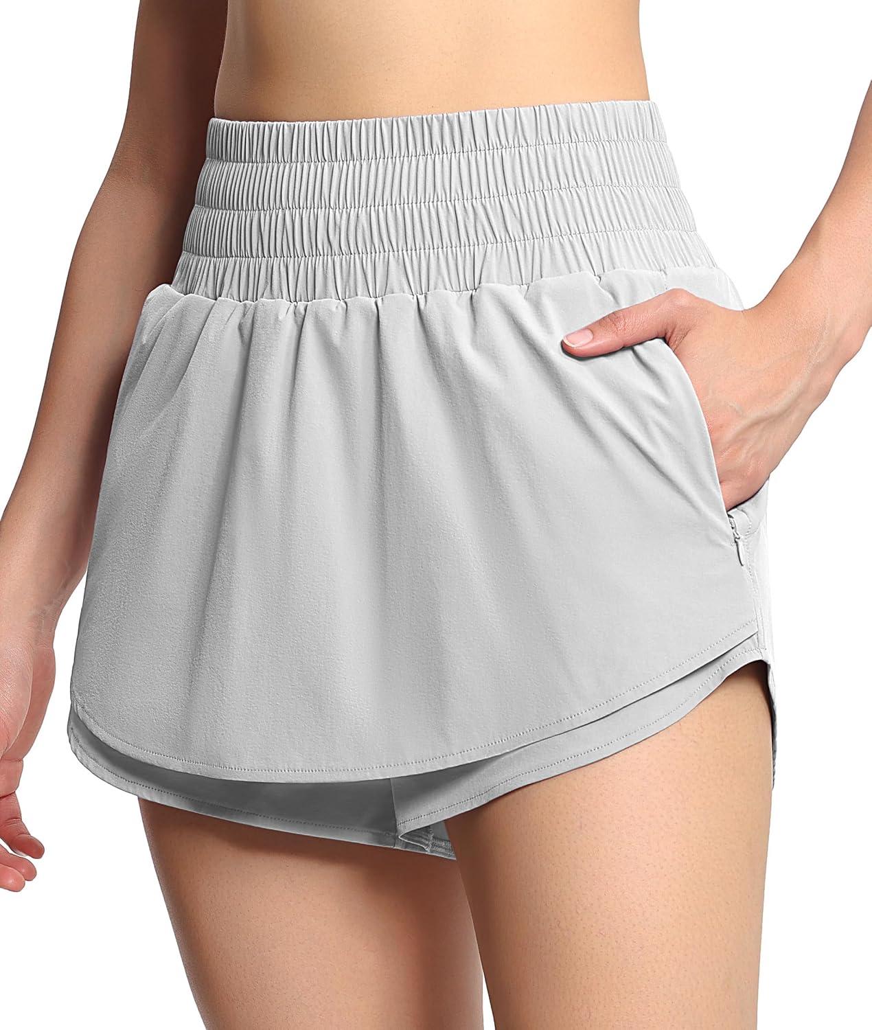 imageTHE GYM PEOPLE Womens Athletic Shorts Elastic Waisted Quick Dry Ruffle Tennis Workout Skorts with Mesh Liner Zip PocketsBright Grey