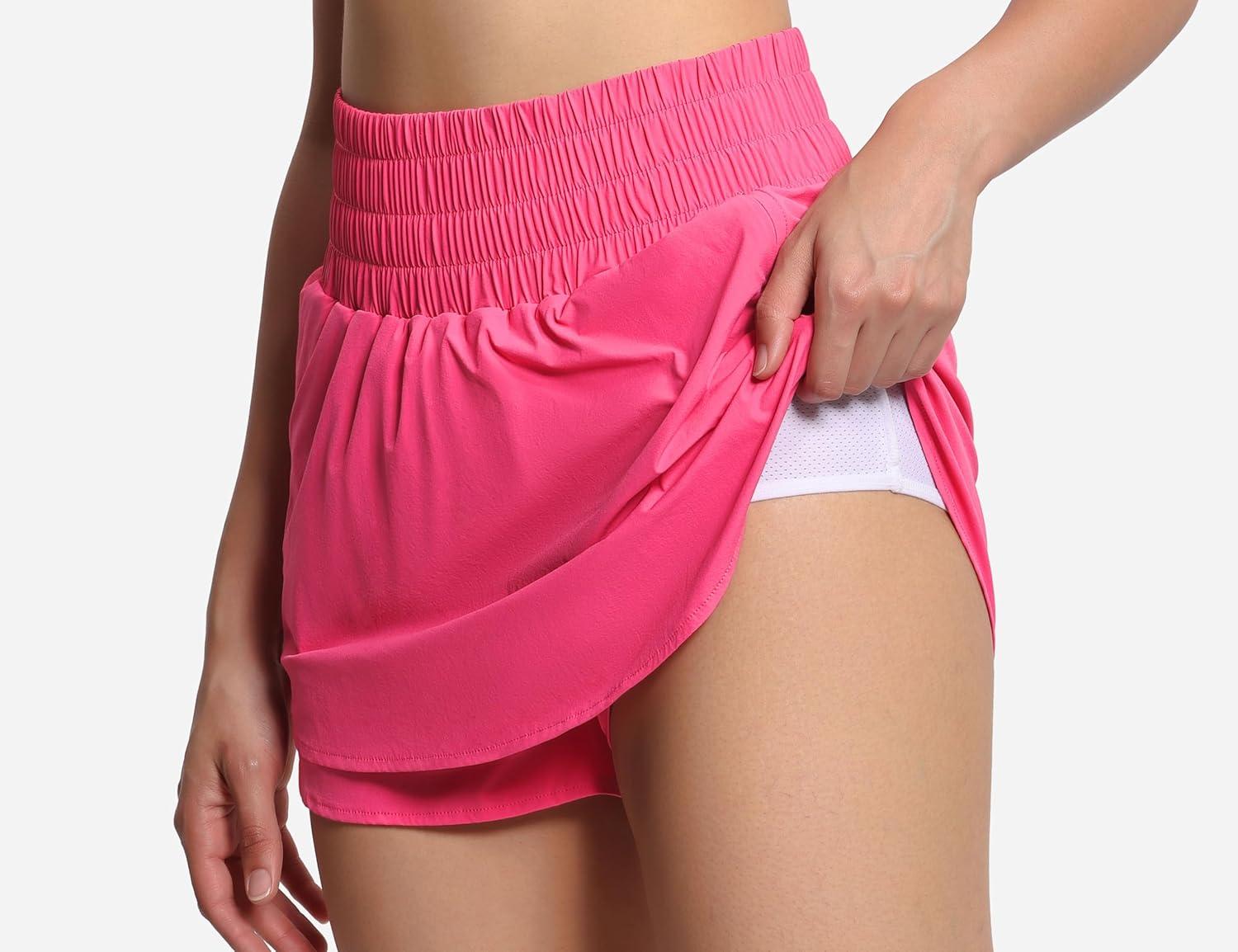 imageTHE GYM PEOPLE Womens Athletic Shorts Elastic Waisted Quick Dry Ruffle Tennis Workout Skorts with Mesh Liner Zip PocketsBright Pink