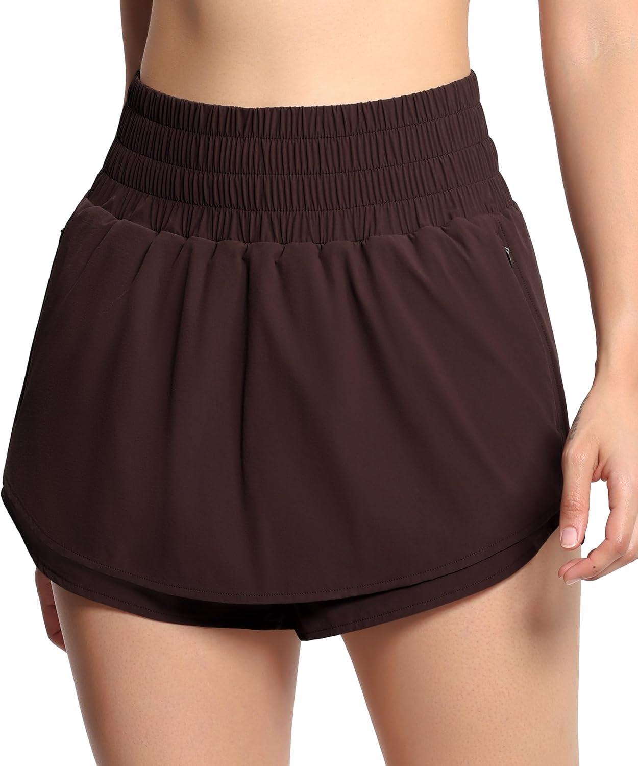imageTHE GYM PEOPLE Womens Athletic Shorts Elastic Waisted Quick Dry Ruffle Tennis Workout Skorts with Mesh Liner Zip PocketsBrown