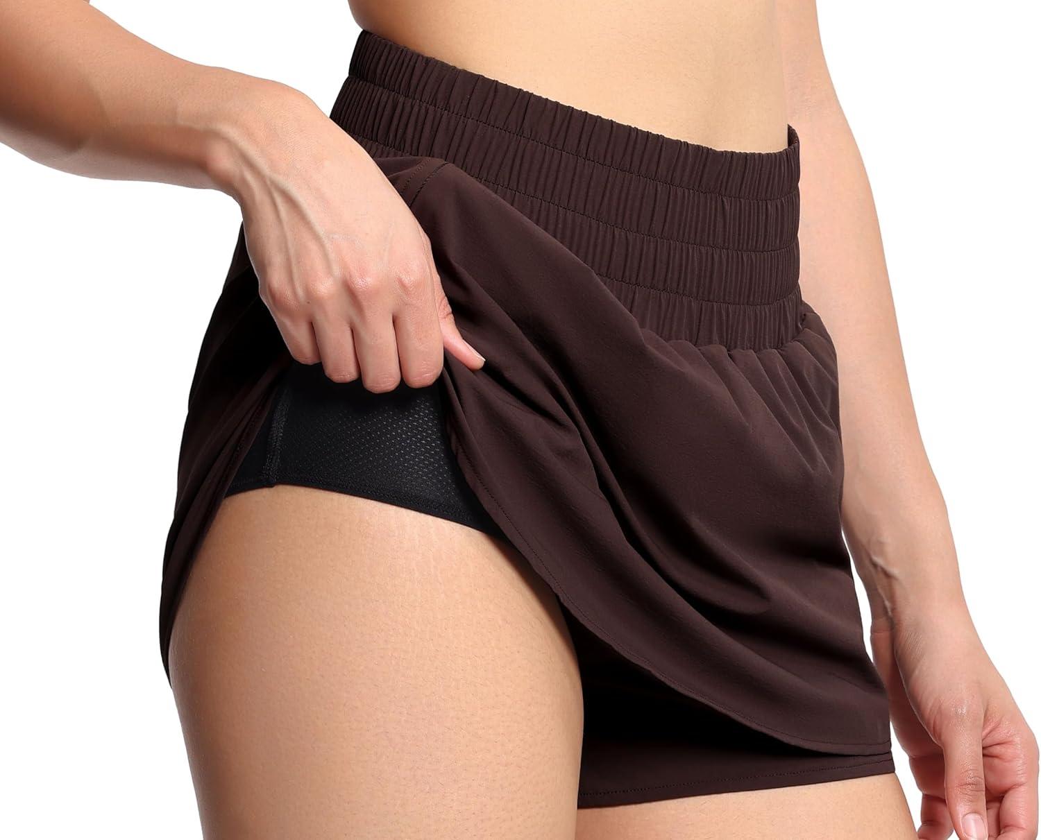 imageTHE GYM PEOPLE Womens Athletic Shorts Elastic Waisted Quick Dry Ruffle Tennis Workout Skorts with Mesh Liner Zip PocketsBrown