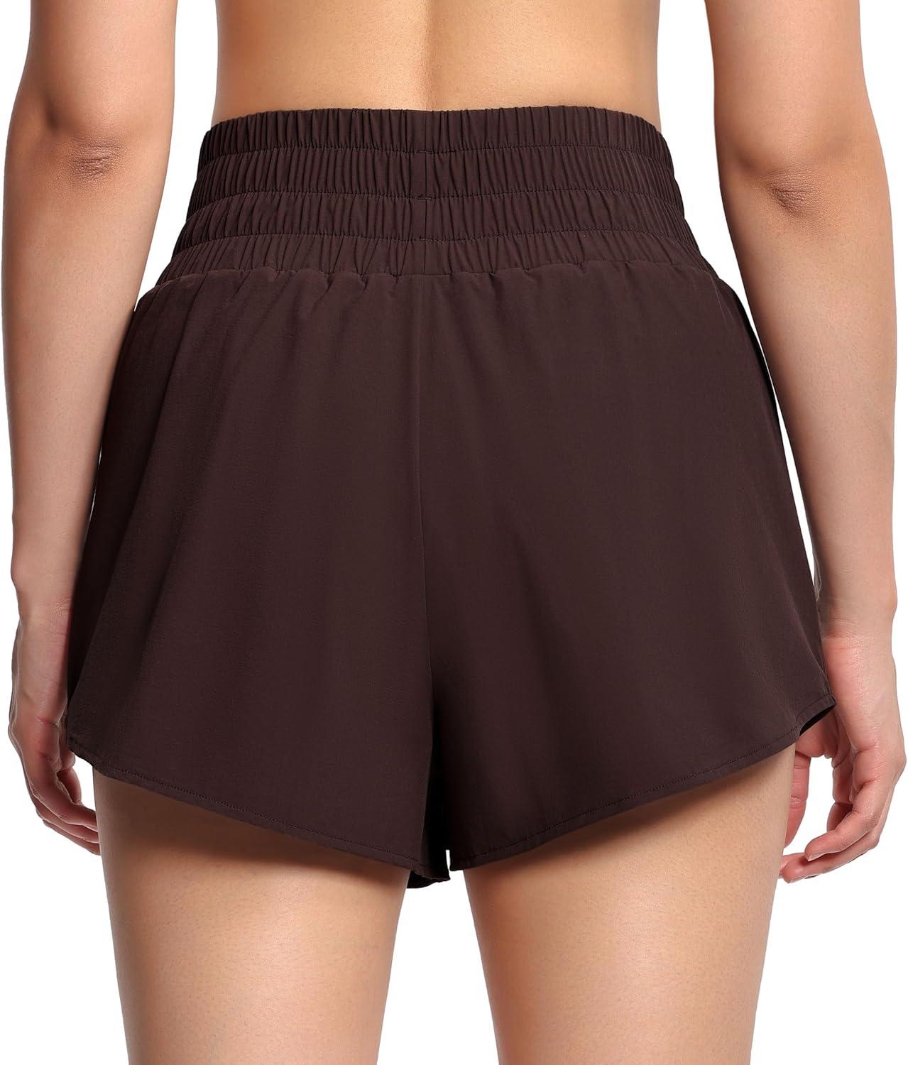 imageTHE GYM PEOPLE Womens Athletic Shorts Elastic Waisted Quick Dry Ruffle Tennis Workout Skorts with Mesh Liner Zip PocketsBrown