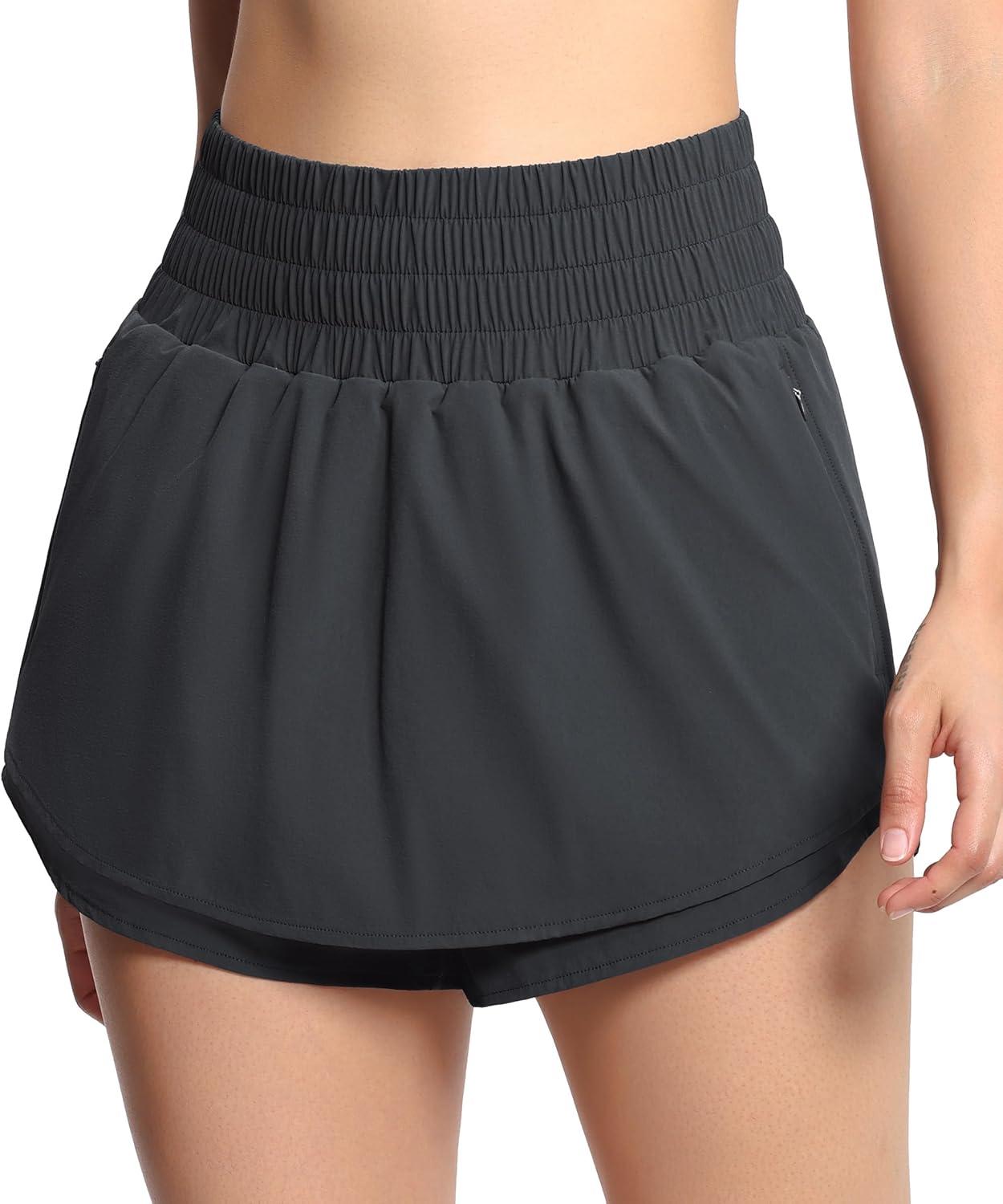 imageTHE GYM PEOPLE Womens Athletic Shorts Elastic Waisted Quick Dry Ruffle Tennis Workout Skorts with Mesh Liner Zip PocketsDark Grey