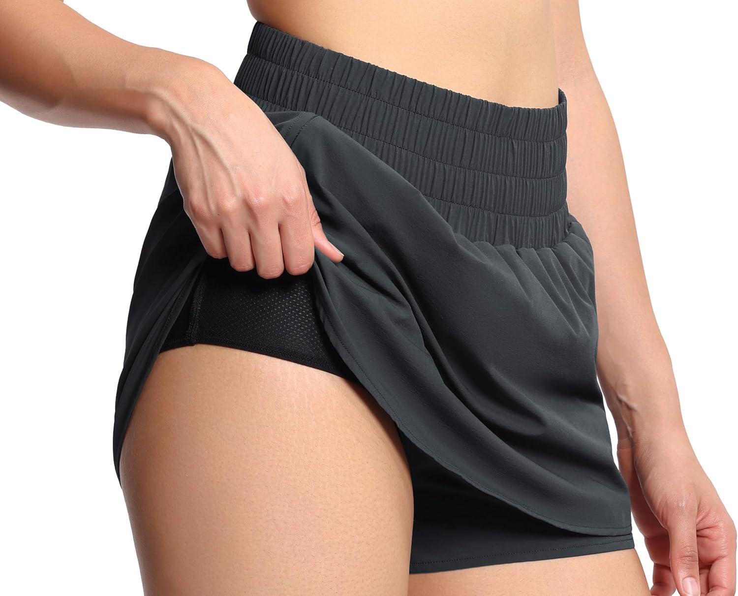 imageTHE GYM PEOPLE Womens Athletic Shorts Elastic Waisted Quick Dry Ruffle Tennis Workout Skorts with Mesh Liner Zip PocketsDark Grey