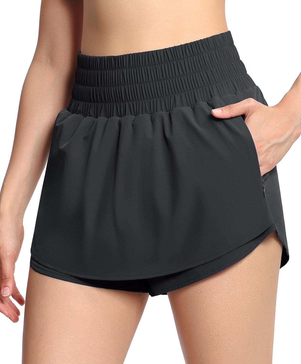 imageTHE GYM PEOPLE Womens Athletic Shorts Elastic Waisted Quick Dry Ruffle Tennis Workout Skorts with Mesh Liner Zip PocketsDark Grey