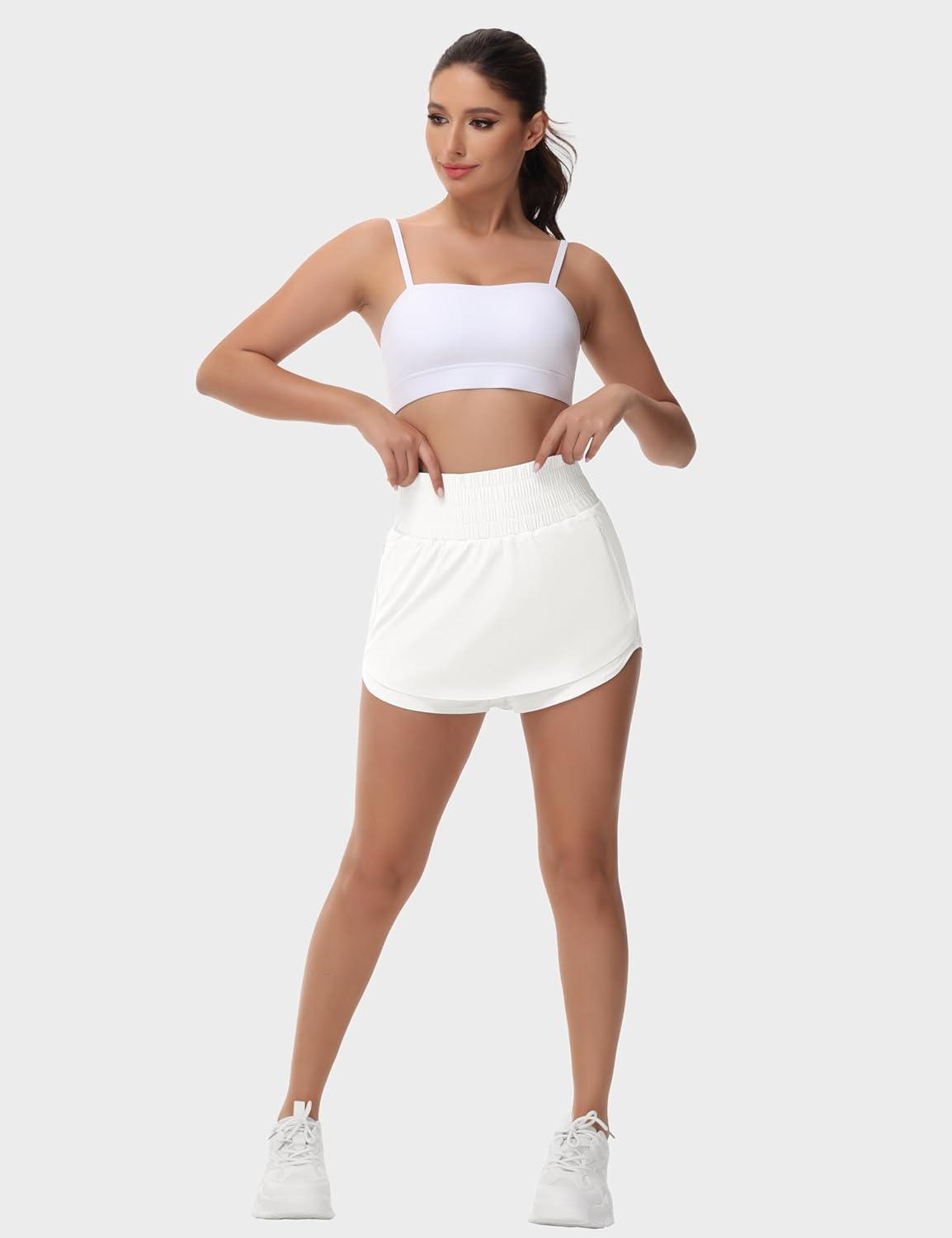 imageTHE GYM PEOPLE Womens Athletic Shorts Elastic Waisted Quick Dry Ruffle Tennis Workout Skorts with Mesh Liner Zip PocketsWhite