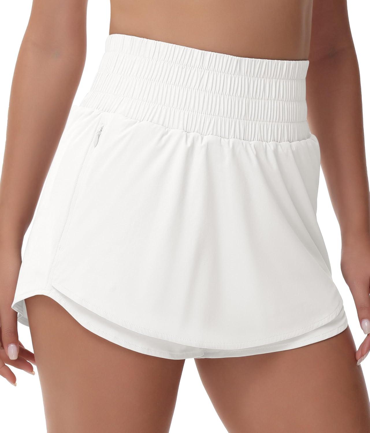 imageTHE GYM PEOPLE Womens Athletic Shorts Elastic Waisted Quick Dry Ruffle Tennis Workout Skorts with Mesh Liner Zip PocketsWhite