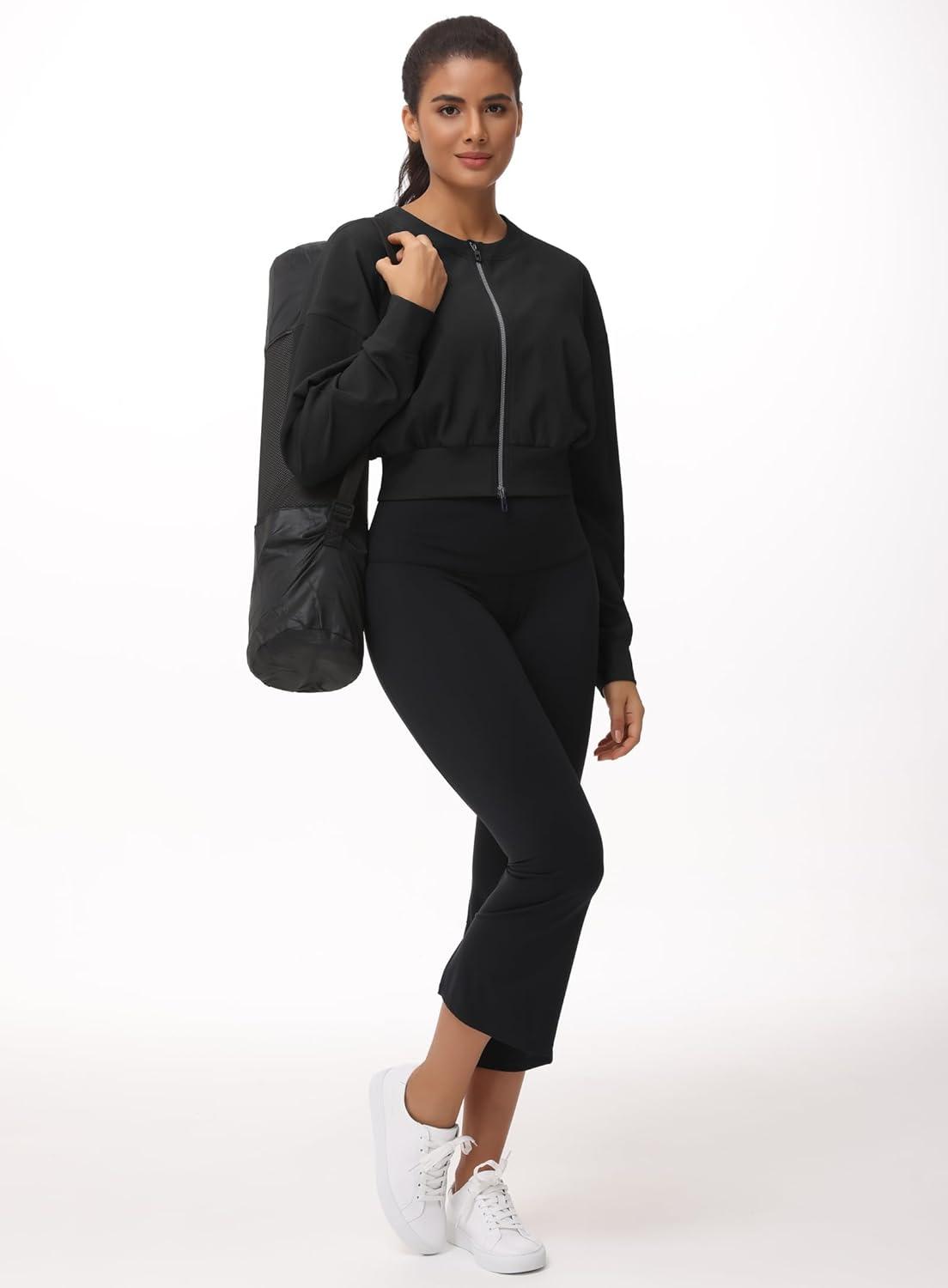 imageTHE GYM PEOPLE Womens Cropped Jackets Full Zip Long Sleeve Ribbed Workout Sweatshirts Lightweight Casual TopsBlack