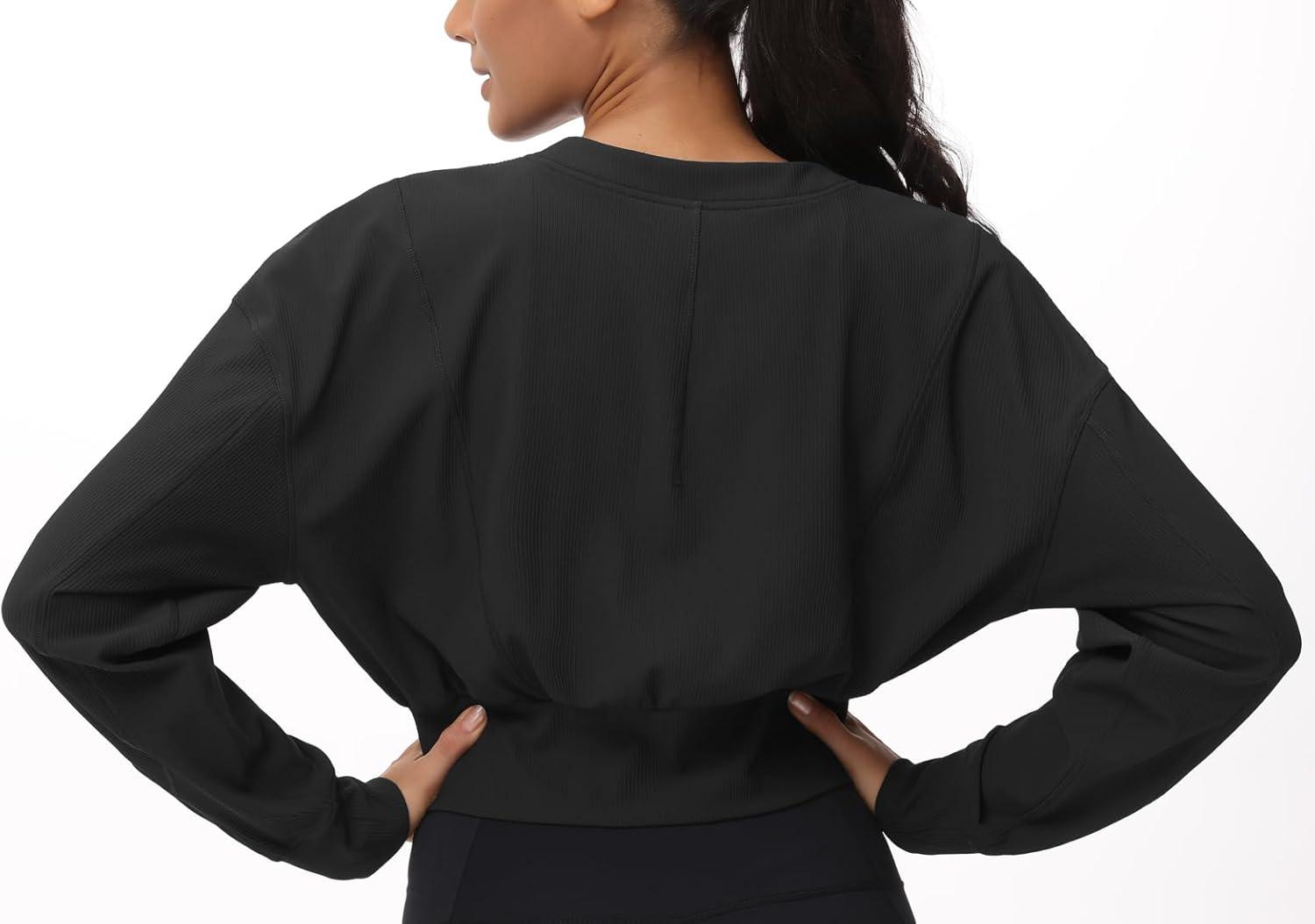 imageTHE GYM PEOPLE Womens Cropped Jackets Full Zip Long Sleeve Ribbed Workout Sweatshirts Lightweight Casual TopsBlack