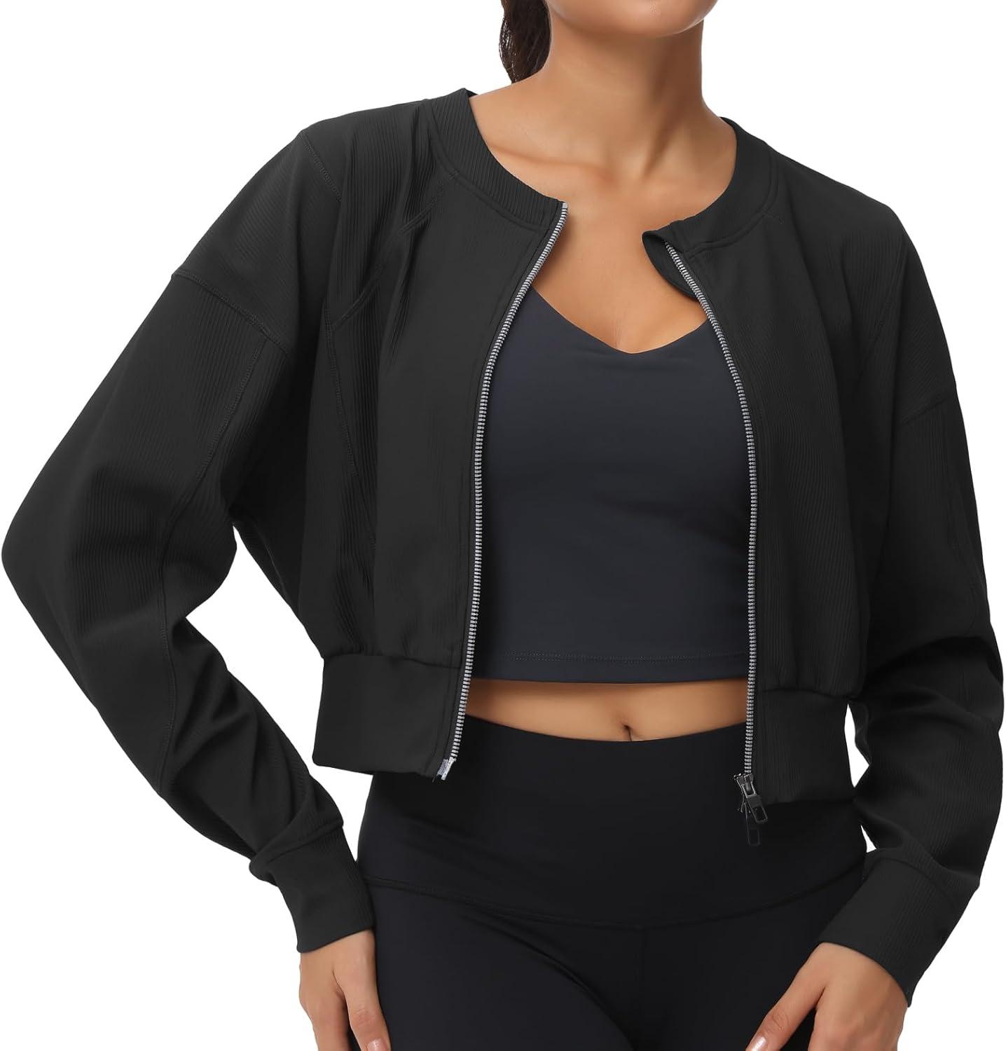 imageTHE GYM PEOPLE Womens Cropped Jackets Full Zip Long Sleeve Ribbed Workout Sweatshirts Lightweight Casual TopsBlack