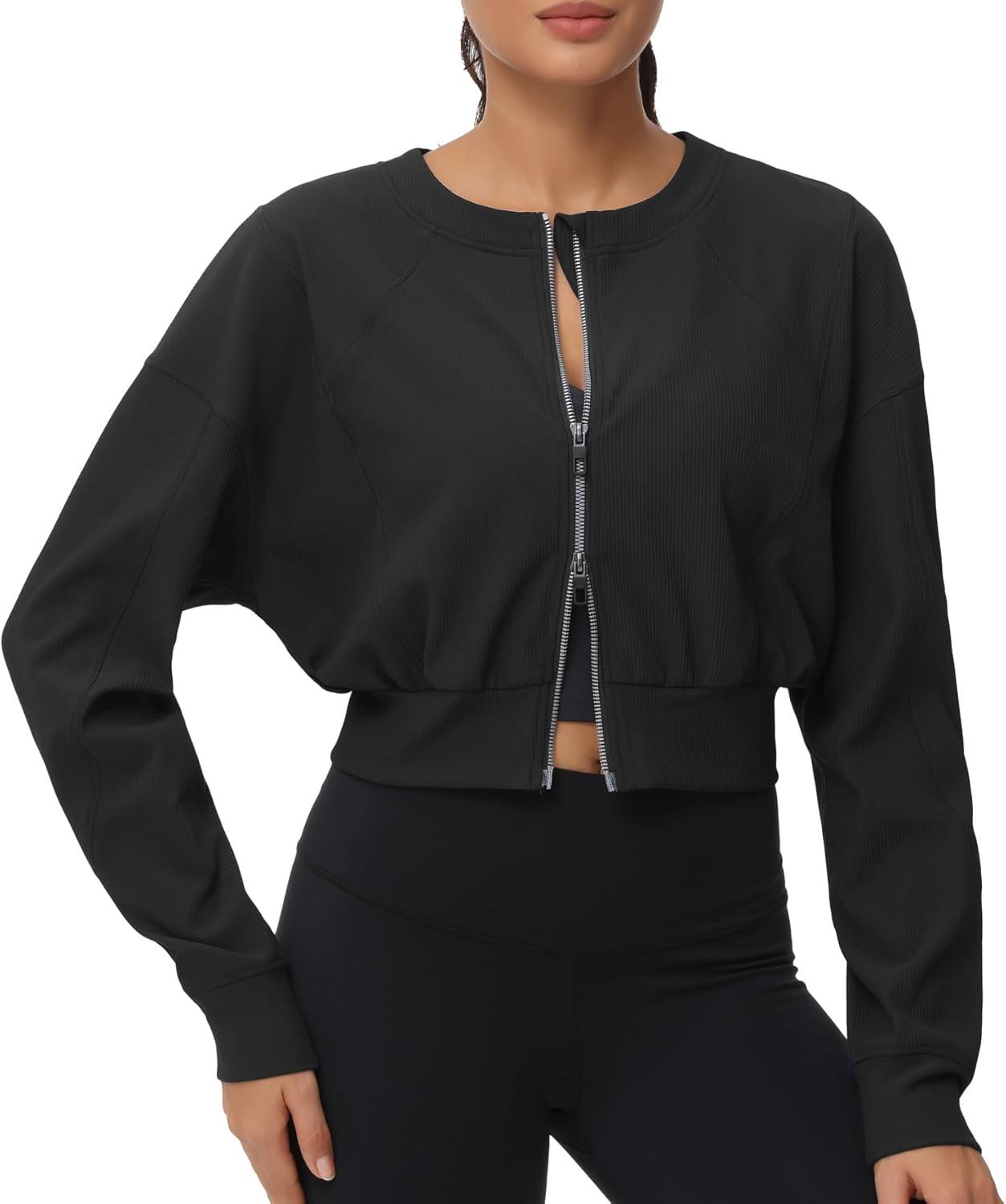imageTHE GYM PEOPLE Womens Cropped Jackets Full Zip Long Sleeve Ribbed Workout Sweatshirts Lightweight Casual TopsBlack
