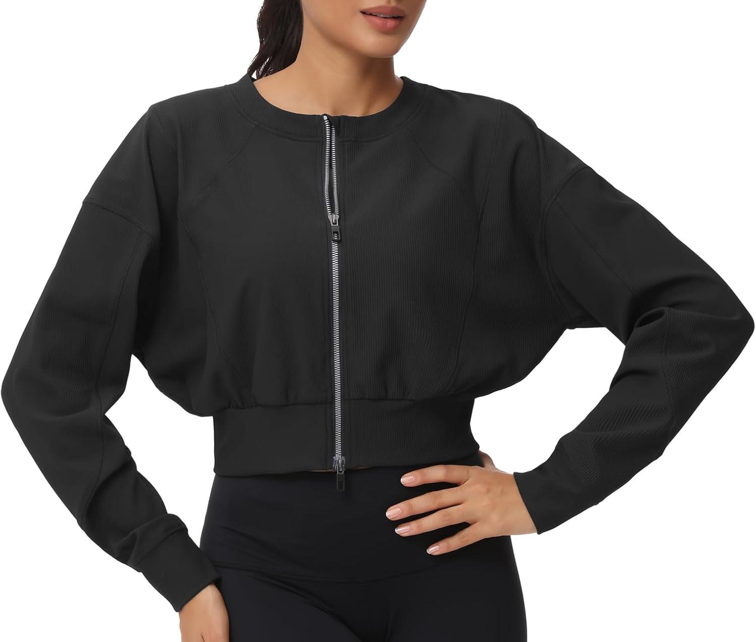 imageTHE GYM PEOPLE Womens Cropped Jackets Full Zip Long Sleeve Ribbed Workout Sweatshirts Lightweight Casual TopsBlack
