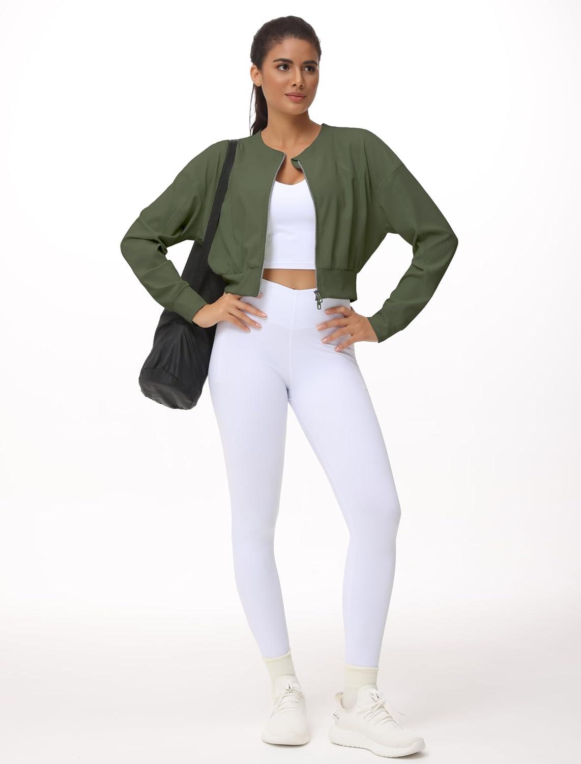 imageTHE GYM PEOPLE Womens Cropped Jackets Full Zip Long Sleeve Ribbed Workout Sweatshirts Lightweight Casual TopsGraphite Green